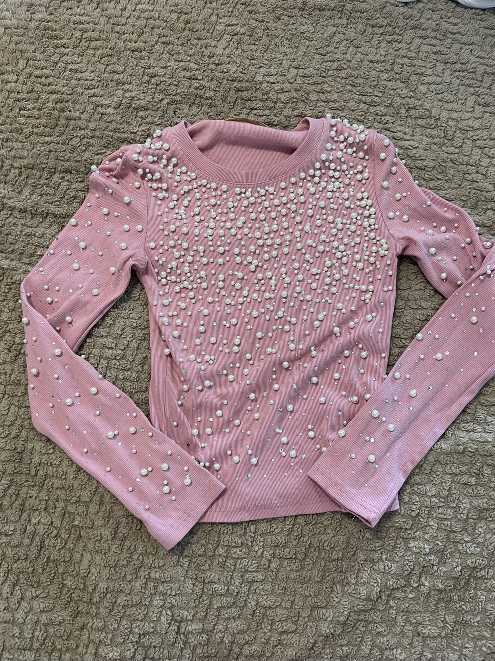 Embellished Pink Long Sleeve Pearl-Accent Top